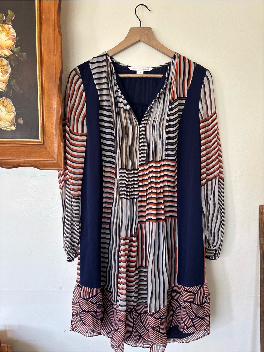 Diane Von Furstenberg Navy, Rust & Cream Striped V-Neck Tunic Dress